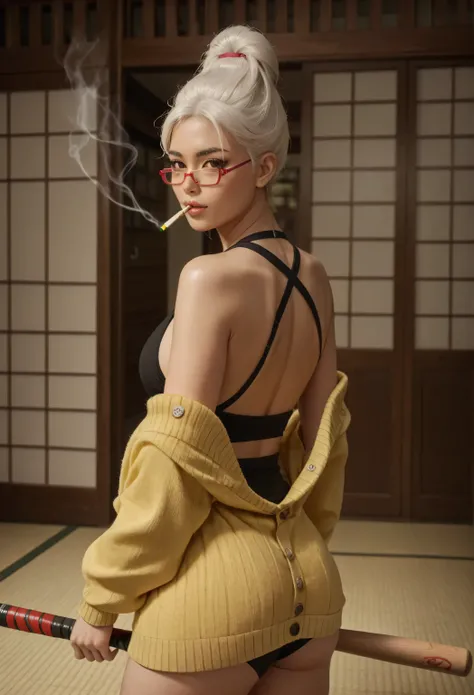  Seiko Ayase  (), 1 female, mature, white hair, Standing head,  brown eyes, red glasses, big boobs, black criss cross halter,  yellow cardigan이 허벅지를 가리다, black short underwear,  yellow cardigan, Large yellow cardigan, Button,  Korean beauties, Korean beaut...