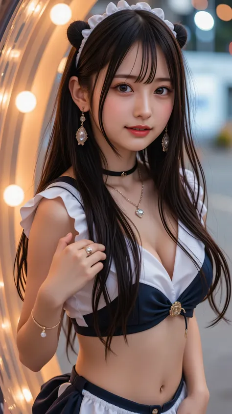 ((光るポータル))、18-year-old Korean idol girl, standing inside a radiant glowing portal, dressed in a cute maid outfit, black hair flowing naturally with bangs, smiling softly with full lips and a mole on her cheek, lifting one leg gracefully with spread thighs,...