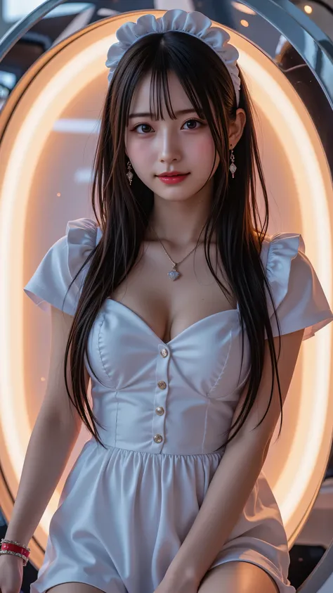 ((光るポータル))、18-year-old Korean idol girl, standing inside a radiant glowing portal, dressed in a cute maid outfit, black hair flowing naturally with bangs, smiling softly with full lips and a mole on her cheek, lifting one leg gracefully with spread thighs,...