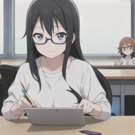 long black hair、glasses、girls、I'm drawing a picture at my desk