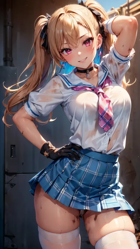 ((Ultra High Resolution:1.5))，((Best Quality:1.5))，((detail face ))，pixel perfect， Very Beautiful and Cute Girl  ，18 years old，A proud high school girl，big breasts，break((rainbow long twin tails，very beautiful pink eyes))，((White blouse uniform，blue tartan...