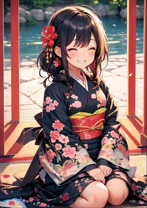  A graceful Japanese woman dressed in an elegant kimono, seated on a vibrant red mat, playing the traditional koto. Her kimono features intricate floral patterns in shades of gold, deep red, and indigo, with an elegantly tied obi. Her black hair is styled ...