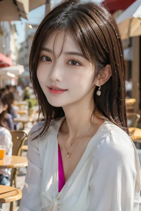 masterpiece、 top quality、 Genuine、 very detailed 、 Subtle Details、 high definition 、 8K wallpaper 、 beautiful 韓国人woman、Wear a nice blouse、 on a nice cafe terrace 、、 black tousled hair 、smile、    in the ear、necklaces
