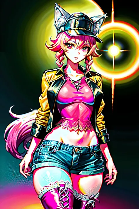 (best quality:2.0), (crisp:2.0), (highres:2.0), (((a rich yellow and pink gradient wolf tail:2.0))), anime, full body:2.0, (single image), (solo beautiful lady:2.0), (masterpiece:2.0), (detailed face:2.0), (detailed eyes:1.4), ((denim shorts:2.0)), ((thick...