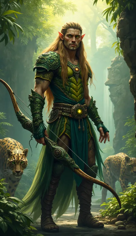 "A hyper realistic wild elven warrior, his deep green armor accented with yellow and blue, crafted from enchanted jungle vines. His long, golden-brown hair, braided with feathers, flows like a cascading waterfall, and his emerald eyes glow with primal ener...