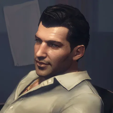 close up of a man wearing a shirt, sitting on a chair, short film from Mafia 2,  Male character, Adam Jensen portrait, Tony Sart in great detail,  as a character from gtav ,  as the main character of GTA 5 ,  Arnold Maya renders , gta character, inspired b...