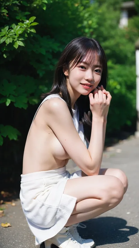  20 Year Old Beauty、  completely naked、naked、 Her genitals are visible（hyperrealism：1.3） The Asian mom of 、 smile on your face （masterpiece：1.5）best quality，squatting and legs spread，Shot of（  bottom up ），Body Proportions（1：1） perfect clarity in 8K ，Premiu...