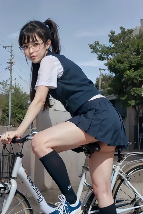 blue sky crossing background,Angle in front of a female middle school student riding a bicycle, beautiful feet,navy blue pleated micro mini skirt for female middle school students riding bicycles,Navy blue vest,navy blue high socks half knee high,Sneakers,...