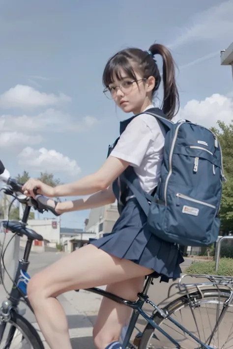 Blue sky background,Angle in Front of a Female Middle School Student Riding a Bike, Beautiful Legs, navy blue pleated micro mini skirt , navy blue vest with dull light blue hair,Knee Length Navy Blue High Socks,Sneakers,  roll up white panties from carry a...