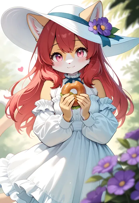 1girls, (furry, kemono:1.4), cat girl, animal nose, cat ears,, hat, smile, pink eyes, solo, red hair, summer hat, blush, holding, looking at viewer, dress, heart, white headwear, long sleeves, detached sleeves, closed mouth, food (Stefany buns) puffy long ...