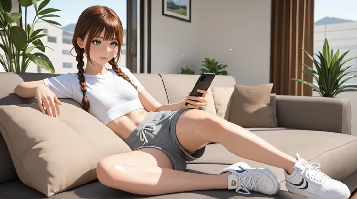 young girl with with brown hair and two braids sits on a couch in a modern living room with a large window and deco plants, she wears a white crop top and waist high leggins and white sneaker, realstic 3D style, Best Quality, Masterpiece, (Very Detailed: 1...