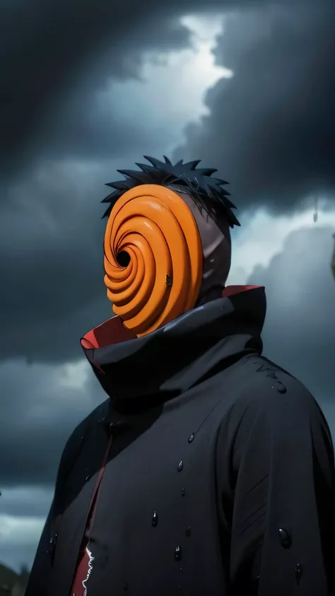 score_9,score_8_up,score_7_up,source_anime,rating_safe BREAK masterpiece,highres,best quality,high quality,dramatic angle,cinematic lighting,1boy,Tobi,orange mask,black hair,black robe,akatsuki robe,black robe with red cloud pattern on it,patterned,black g...