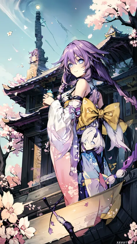 masterpiece, the best quality, 1 girl, long hair, Purple hair, tree, stairs,  of foot, kimono, sky,   cherry blossoms , temple, looking at the spectator, upper body, from below, looking back,  smiling 