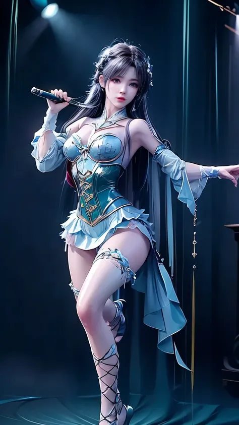 anime-style cosplay girl, realistic delicate facial features with seductive gaze, full-body twirling with alluring pose, skimpy magical girl outfit with lace-up corset and flowing mini skirt, glowing stage lights, vibrant colors, --v 6 --ar 9:16 --q 2 --st...