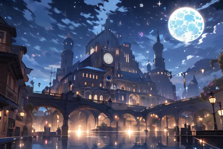 buildingのバルコニーにいる少年のメインビュー (Artwork:1.2), Best Quality,Pixiv,nightの風景, scenario, null, cloud,  without humans , night, star (null), Outdoors, tower with clock in the center, building, gorgeous, starry null, night null, water, cloudy null, , Blue Haired Boy...