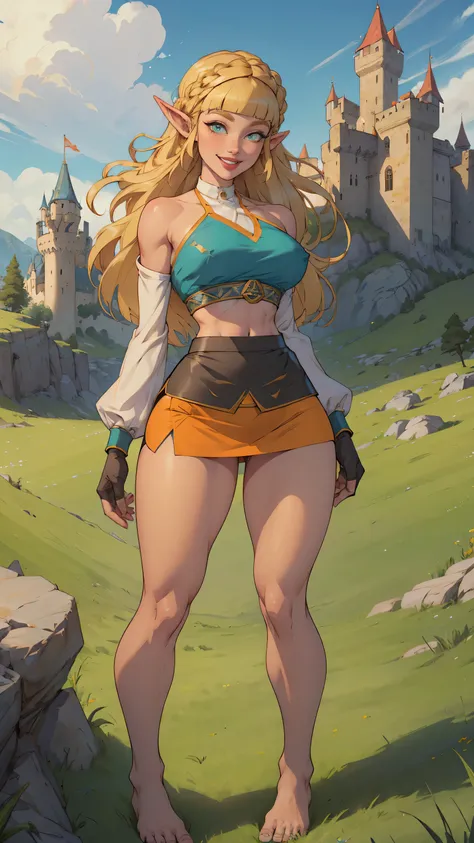 princess_zelda_aiwaifu, pointy ears, braid, hair ornament, hairclip, fingerless gloves, blue shirt, (halter top), crown braid, long sleeves, (blunt bangs:1.5), green eyes, sidelocks, thick eyebrows, (mini skirt, tight skirt:1.4), upskirt, (big smile:1.3), ...