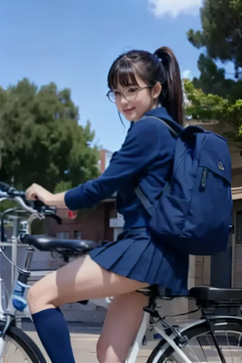 Blue sky background,((Side view of a female middle school student riding a bicycle and looking at me)), Beautiful Legs,,(( navy blue pleated micro mini skirt )),navy blue student cardigan,((navy blue high socks above the knee)),Sneakers,   carry a backpack...