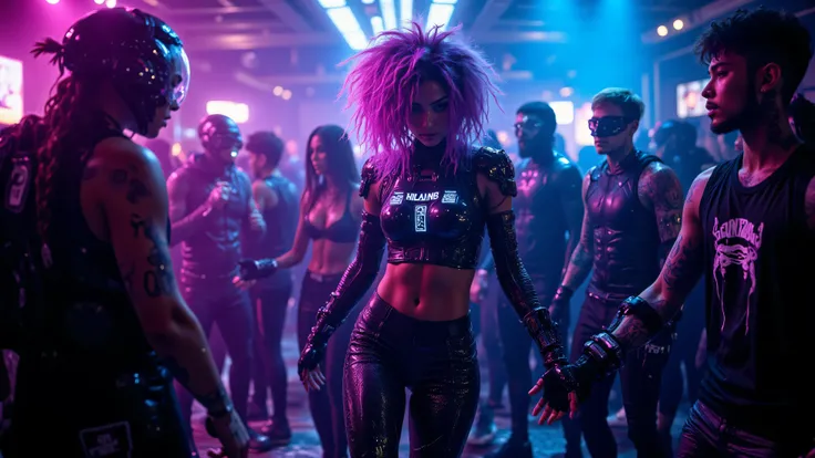 On the dance floor of an underground cyberpunk club, a young woman with wild, electric-purple curls moves to the heavy bass of futuristic synth beats. Her outfit—a high-tech crop top and neon-threaded leggings—glows under the blacklight, shifting colors wi...