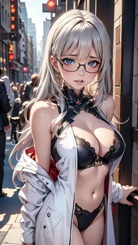 cinematic lighting、highest quality,cyberpunk world、1 female、(27 year old beautiful woman、Detailed beautiful facial features hair、shoulder length hair、red eyes、smile:1.4)BREAK（Glasses:1.5）,medium hair、（silver hair、shining hair:1.5）BREAK（pose of temptation、b...