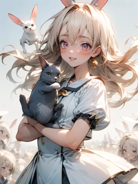 Hi-Res, long hair,dynamic angle、 anime art、smiles, Hi-Res, masterpiece, anatomically correct, (1 holding a little rabbit), (( anorexia:1.3))、(cute)、accurate, numerous awards for the future, 最high quality, Details, 高いDetails,The rabbit with droopy ears、Rab...