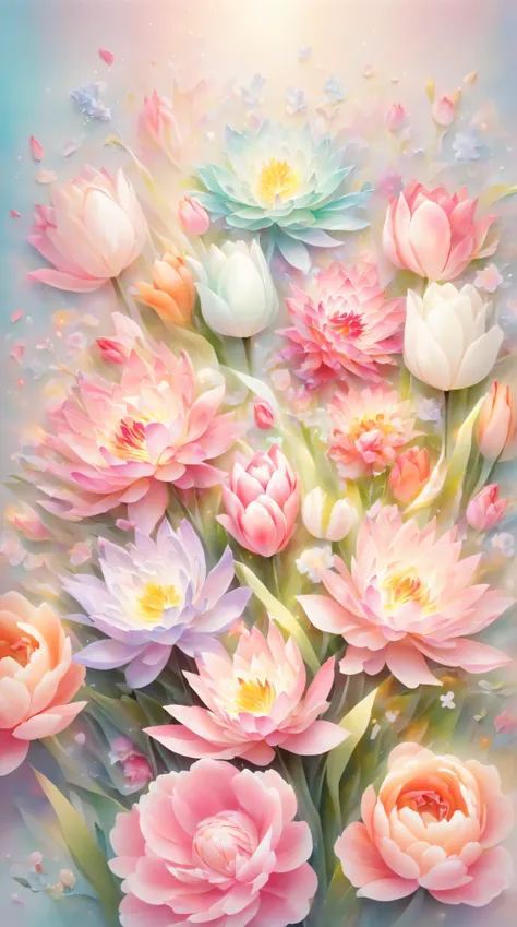 "A simple, soft background with a gradient of pastel colors. In the center, a large, beautiful tulip and dahlia, arranged together. The tulip is delicate and light, while the dahlia is bold and luxurious. The flowers are vivid and detailed, with soft, gent...