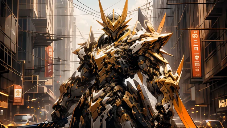 Arafed image of a robot with a sword in the city, from Arknights, Guilty Gear Live Splash Art, Gold Paladin , Duelist Style, epic paladin armor, Arknights, heavy armor and sword , Cool Mecha Style , Krenz Coushart and Wenjun Lin, 8k high definiti...