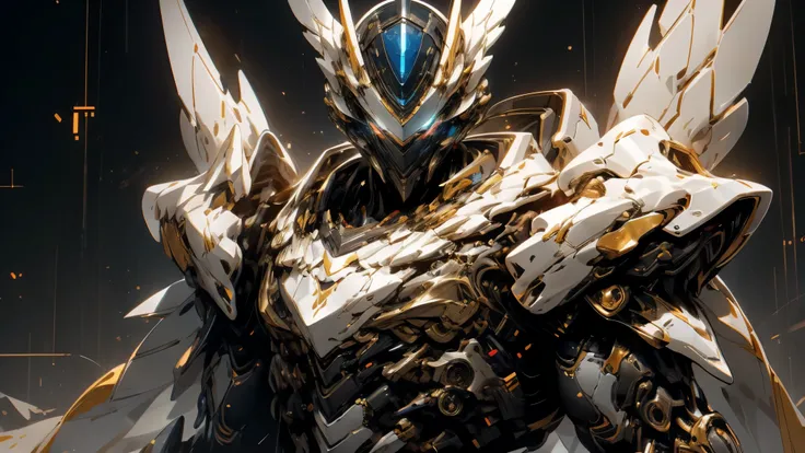 male in mechanical angel armor with beautiful and graceful decoration all over his body Diesel Punk Angel Knight, full helmet with full guard white steel night visor , Bright, vivid eyes , pure white armor with pale gold accents , The armor has a 、arm...