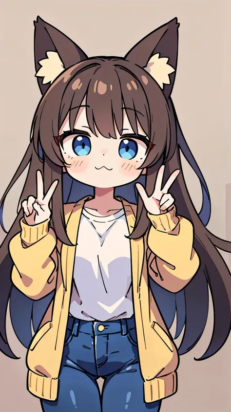 anime style、 cute face、 girls、 fox ears、brown hair、 Blue Eyes、 long hair、 beige jacket 、jeans、