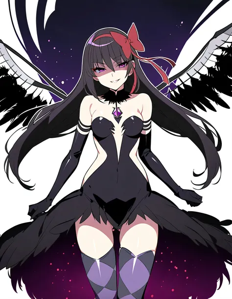 1girl, akuma homura, solo, long hair, wings, gloves, elbow gloves, black hair, smile, purple eyes, thighhighs, black gloves, argyle legwear, argyle, bare shoulders, looking at viewer, dress, soul gem, hair bow, bow, choker, feathered wings, white backgroun...