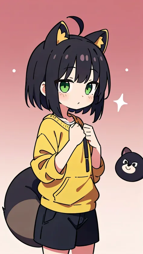     anime style、 girls、 raccoon dog ears、tail、 black hair、  green eyes、short hair、 Casual clothing
