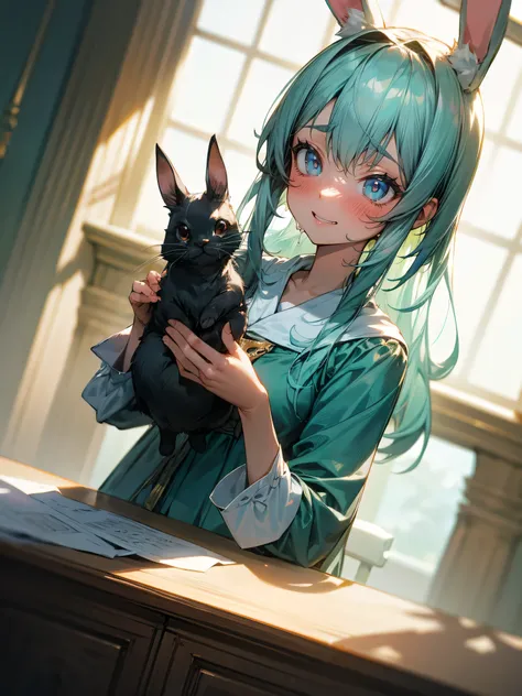 Hi-Res, long hair,dynamic angle、 anime art、smiles, Hi-Res, masterpiece, anatomically correct, (1 holding a little rabbit), (( anorexia:1.3))、(cute)、accurate, numerous awards for the future, 最high quality, Details, 高いDetails,The rabbit with droopy ears、Rab...