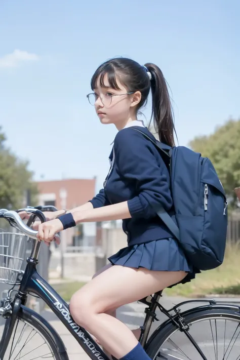 Blue sky background,((Side view of a female middle school student riding a bicycle and looking at me)), Beautiful Legs,,(( navy blue pleated micro mini skirt )),navy blue student cardigan,((navy blue high socks above the knee)),Sneakers,   carry a backpack...