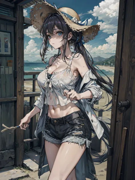 earring, large breasts, narrow waist, hair behind ear, half updo, black hair, sweat, cowboy shot, casual, blouse, white shirt, buttoned shirt, bare shoulders, collarbone, midriff, navel, shorts, straw hat,