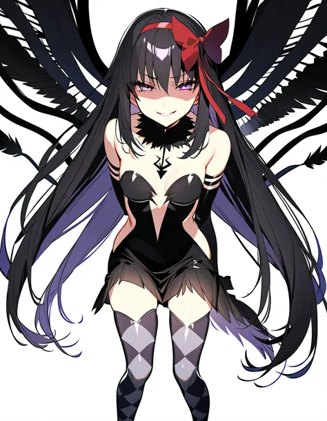 1girl, akuma homura, solo, long hair, wings, gloves, elbow gloves, black hair, smile, purple eyes, thighhighs, black gloves, argyle legwear, argyle, bare shoulders, looking at viewer, dress, soul gem, hair bow, bow, choker, feathered wings, white backgroun...