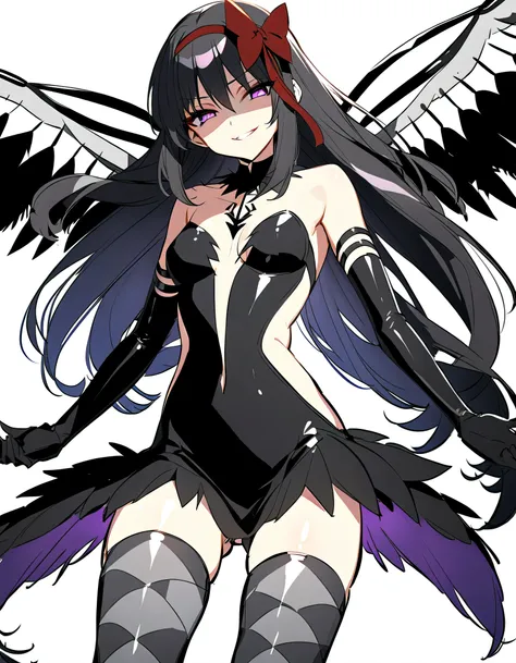 1girl, akuma homura, solo, long hair, wings, gloves, elbow gloves, black hair, smile, purple eyes, thighhighs, black gloves, argyle legwear, argyle, bare shoulders, looking at viewer, dress, soul gem, hair bow, bow, choker, feathered wings, white backgroun...