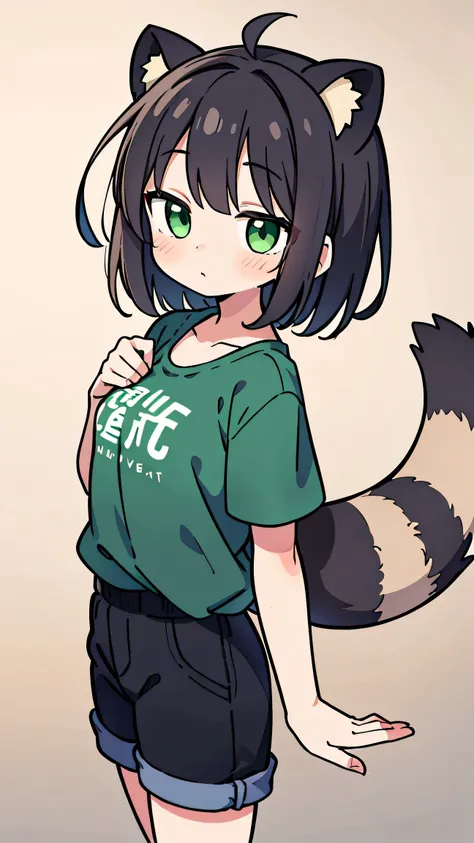     anime style、 girls、 raccoon dog ears、tail、 black hair、  green eyes、short hair、 Casual clothing
