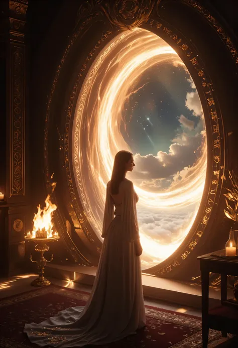 high details, best quality, 16k, [best detailed], masterpiece, best quality, (extremely detailed), a view of an priestess looking through  a portal onto celestial heaven, there are heavenly clouds, distant stars, nebulas,  coming from the portal, the porta...