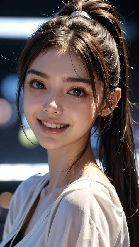 Cute 26 year old  ,1 girl,slim face ,8k,Super realistic image quality, dynamic shadows,Sparkling Eyes,Clear black eyes,  movie theater lighting,Dim Backstreet  ,   night  ,City Darkness ,suit, ((face close up:1.12)),((  shows white teeth and laughs)),((Ope...