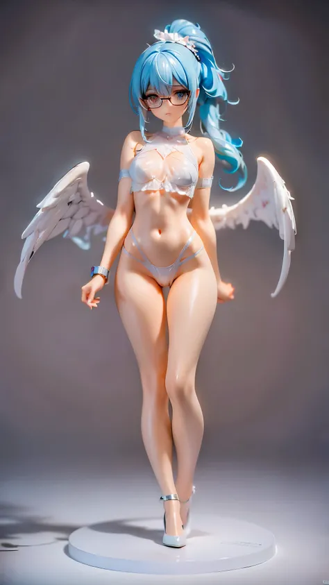 ((masterpiece, best quality)), Delicate face，goddess，little angel，Full body painting，Perfect body proportions，Ponytail long hair，Nice white eyes，Fantasy style，White background，transparent，Sex bikini，Lace，Glasses，feather，NUDE