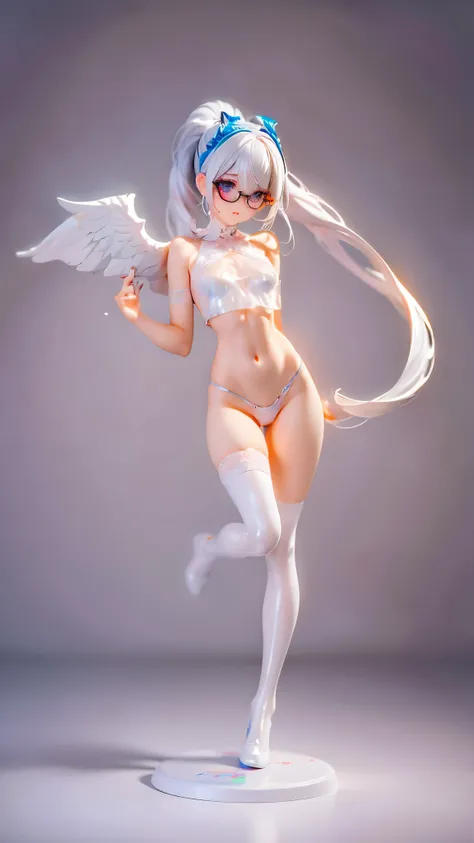 ((masterpiece, best quality)), Delicate face，goddess，little angel，Full body painting，Perfect body proportions，Ponytail long hair，Nice white eyes，Fantasy style，White background，transparent，Sex bikini，Lace，Glasses，feather，NUDE