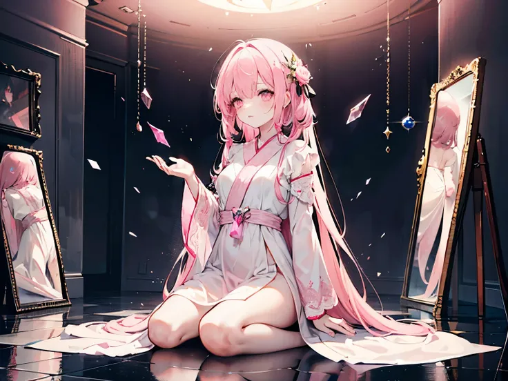  Medium-sized girl. light gray long hair.  pink eyes . Dressed in a long light pink floor-length robe. She constantly sits on a mirrors. Thousands mirror shards around flying her. Fantasy style

