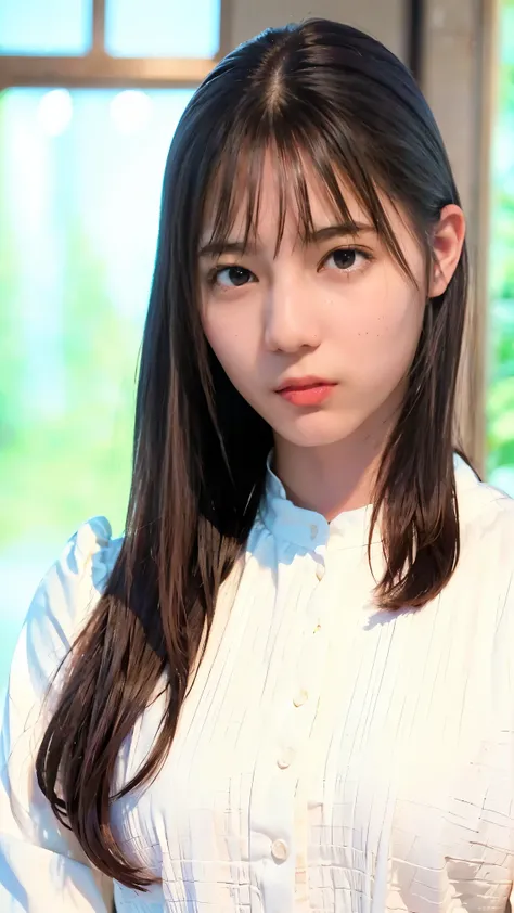 Blouse Clothing:2.55, Everything modern:1.66, Picture of a Cute Japanese Woman, 20 years old, Oil, one length hair& hair straightening balm:1.55, (photo realistic:1.4), (hyper realistic:1.4), (realistic:1.3), ( smoother lighting :1.05), ( MOVIE LIGHTING...