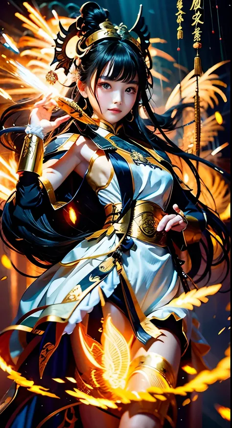 A majestic Chinese goddess，wears gorgeous white and gold armor，Exquisite antler headgear，Flowing black hair， put her hands together and pray ，Surround her body with lightning and fireworks，Dynamic clouds rolling，super detailed，Cinematic light and shadow，bl...