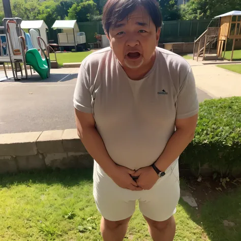 Thick Japan middle-aged man in his 50s, 1man, retarded, Dwarfism, He wears a Pampers, shirtless, ((peeing self, wetting self, pee stains,)), ((trembling, fear expression, scared, looking at viewer)), kindergarten background, It's a sunny day, Incontinence,...