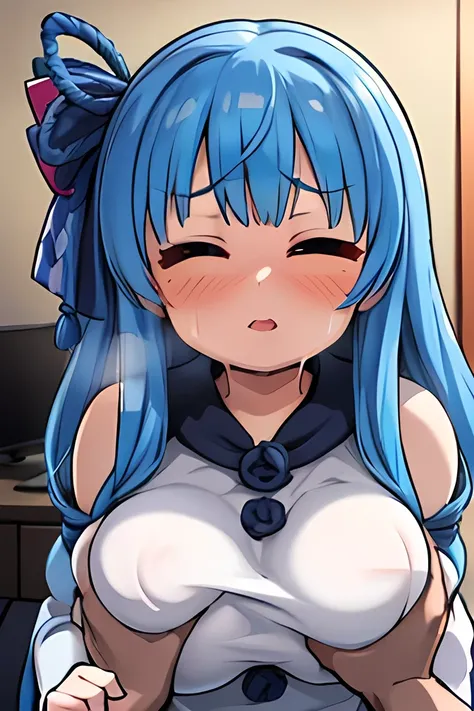 ((Incoming kiss:1.8)),(Breast Grab:1.7),(aoi kotonoha),(blue hair ribbon:1.4)),red eyes,(droopy eyes),blue hair ,((very long hair)),blunt bangs,((((toll stature))),((huge breasts)),(sagging breasts),(((grace body ))),white dress, detach sleeve, Wide Sleeve...