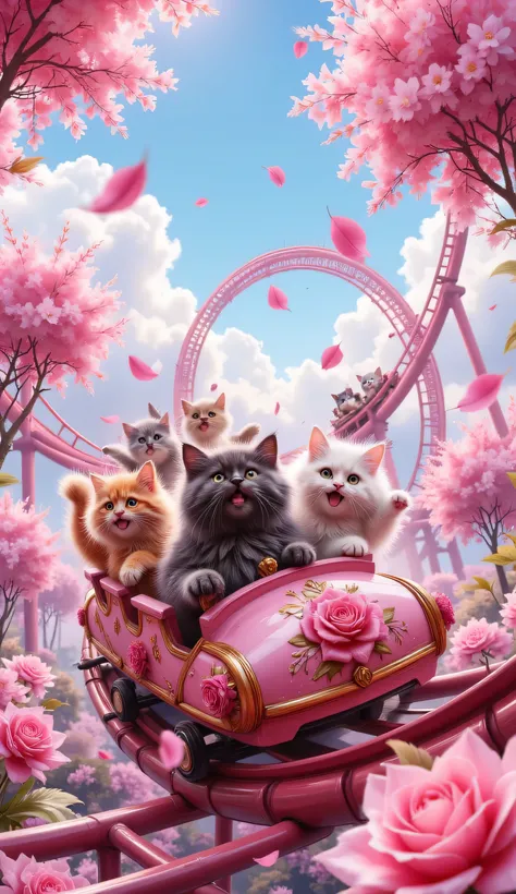cinematic, ultra-detailed fantasy illustration.
A magical roller coaster twists and turns through an enchanted forest bathed in vibrant pink light, creating a dreamy, fairy-tale atmosphere. The tracks elegantly loop and curve, adorned with bright pink ros...
