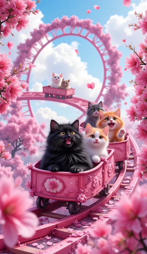 cinematic, ultra-detailed fantasy illustration.
A magical roller coaster twists and turns through an enchanted forest bathed in vibrant pink light, creating a dreamy, fairy-tale atmosphere. The tracks elegantly loop and curve, adorned with bright pink ros...