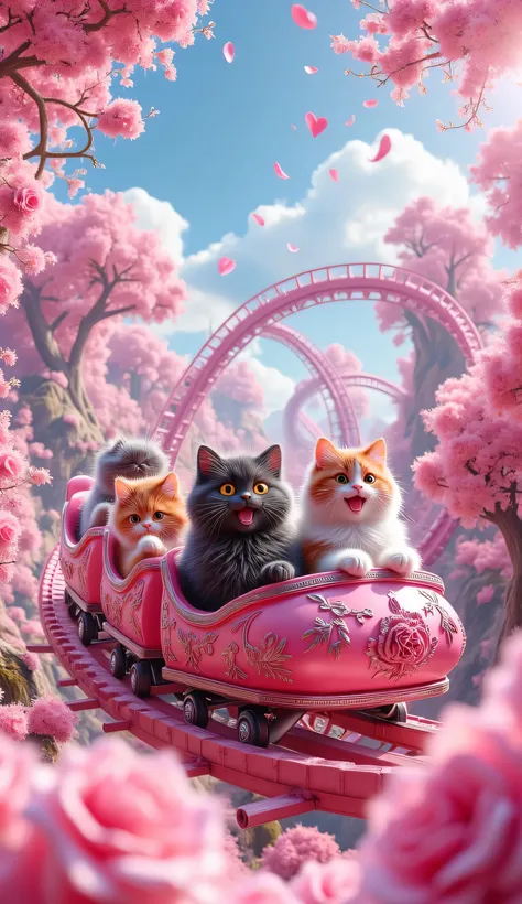 cinematic, ultra-detailed fantasy illustration.
A magical roller coaster twists and turns through an enchanted forest bathed in vibrant pink light, creating a dreamy, fairy-tale atmosphere. The tracks elegantly loop and curve, adorned with bright pink ros...