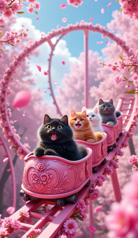 cinematic, ultra-detailed fantasy illustration.
A magical roller coaster twists and turns through an enchanted forest bathed in vibrant pink light, creating a dreamy, fairy-tale atmosphere. The tracks elegantly loop and curve, adorned with bright pink ros...