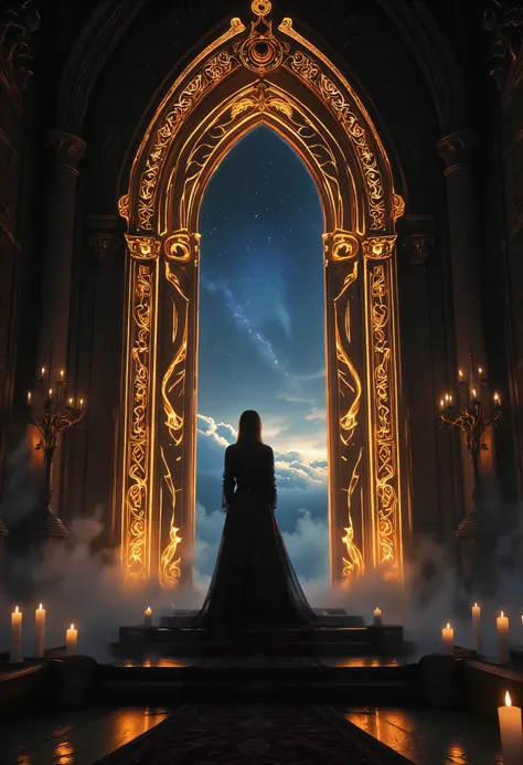 high details, best quality, 16k, [best detailed], masterpiece, best quality, (extremely detailed), a view of an priestess looking through  a portal onto celestial heaven, there are heavenly clouds, distant stars, nebulas,  coming from the portal, the porta...